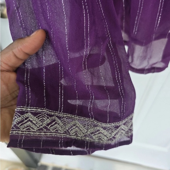 WD.NY 100% Silk Blouse Size 14 Purple Whilte Embroidered Flare Long Sleeves Y2k - Picture 9 of 14